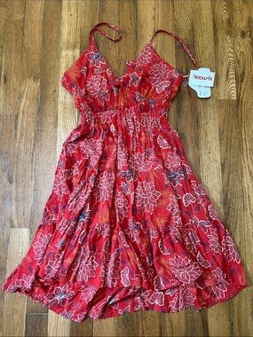 T.J.Maxx Red Floral Tiered Sundress with Navy Accents
